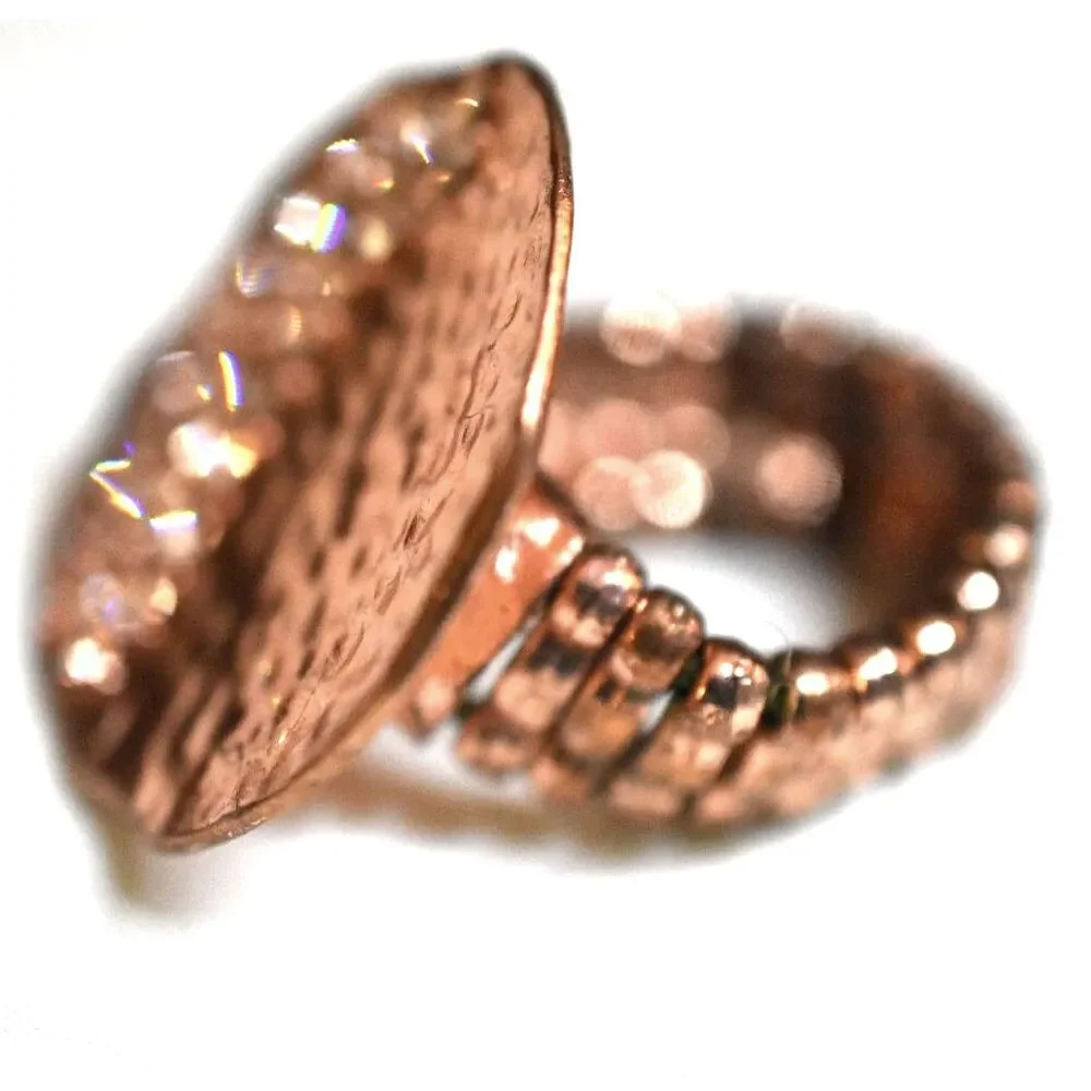 Set Of 3 Copper Rhinestone/ Purple Glass / Filigree Green Crystal Stretch Rings